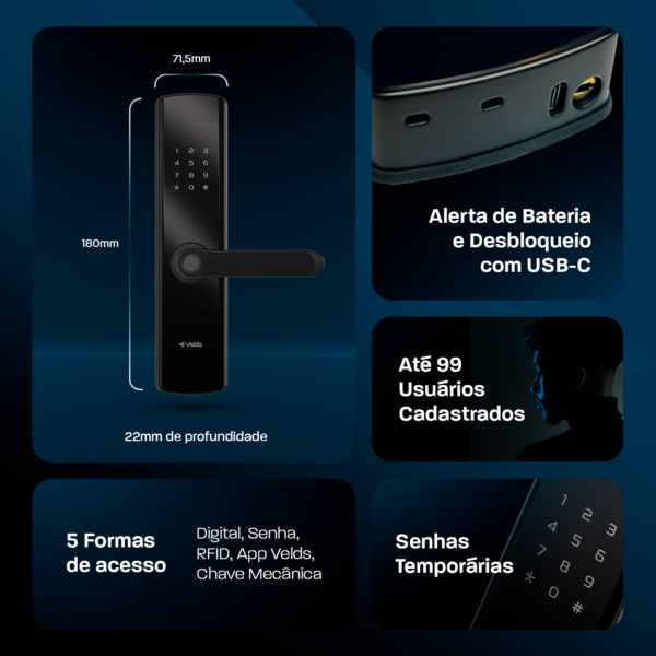 Fechadura Digital de Embutir Velds, Wi-Fi com Biometria, Senha, Aplicativo e Tag, Preto - Imagem 7